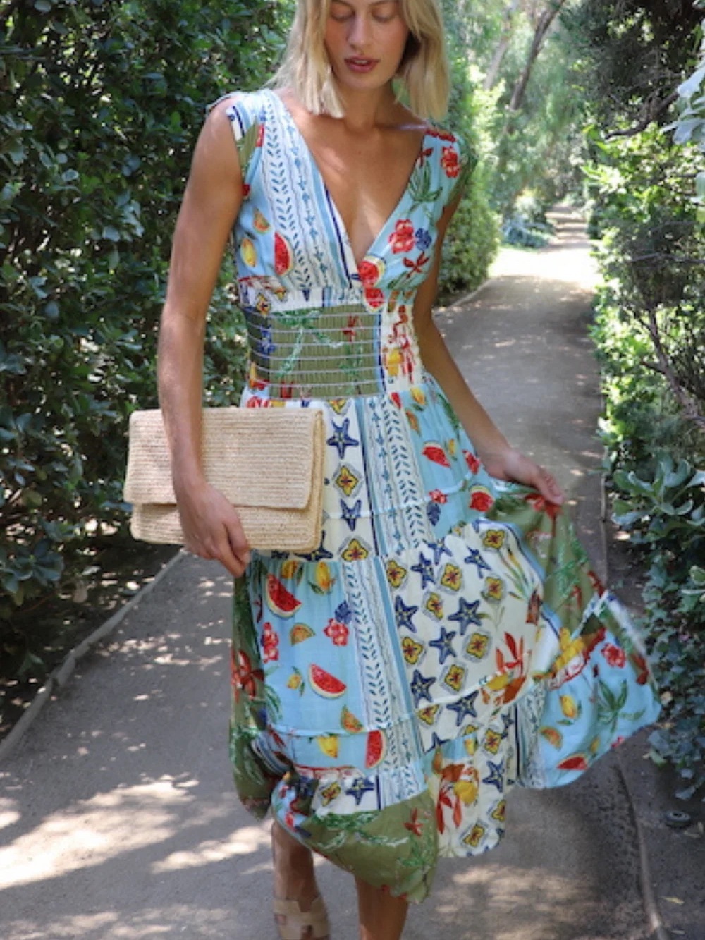 Felicite Smock Dress “French Blue” Print Patchwork V neck Smocked Dress XS